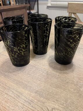 Hand Blown set of black tortoise shell drinking glasses. Set of 6